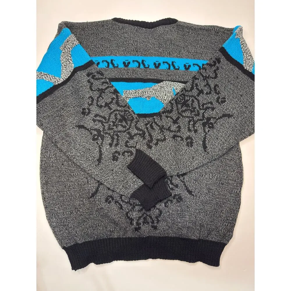Vintage 90s Nino Foriero Mens Knit Sweater Gray Blue Abstract Ski Pullover